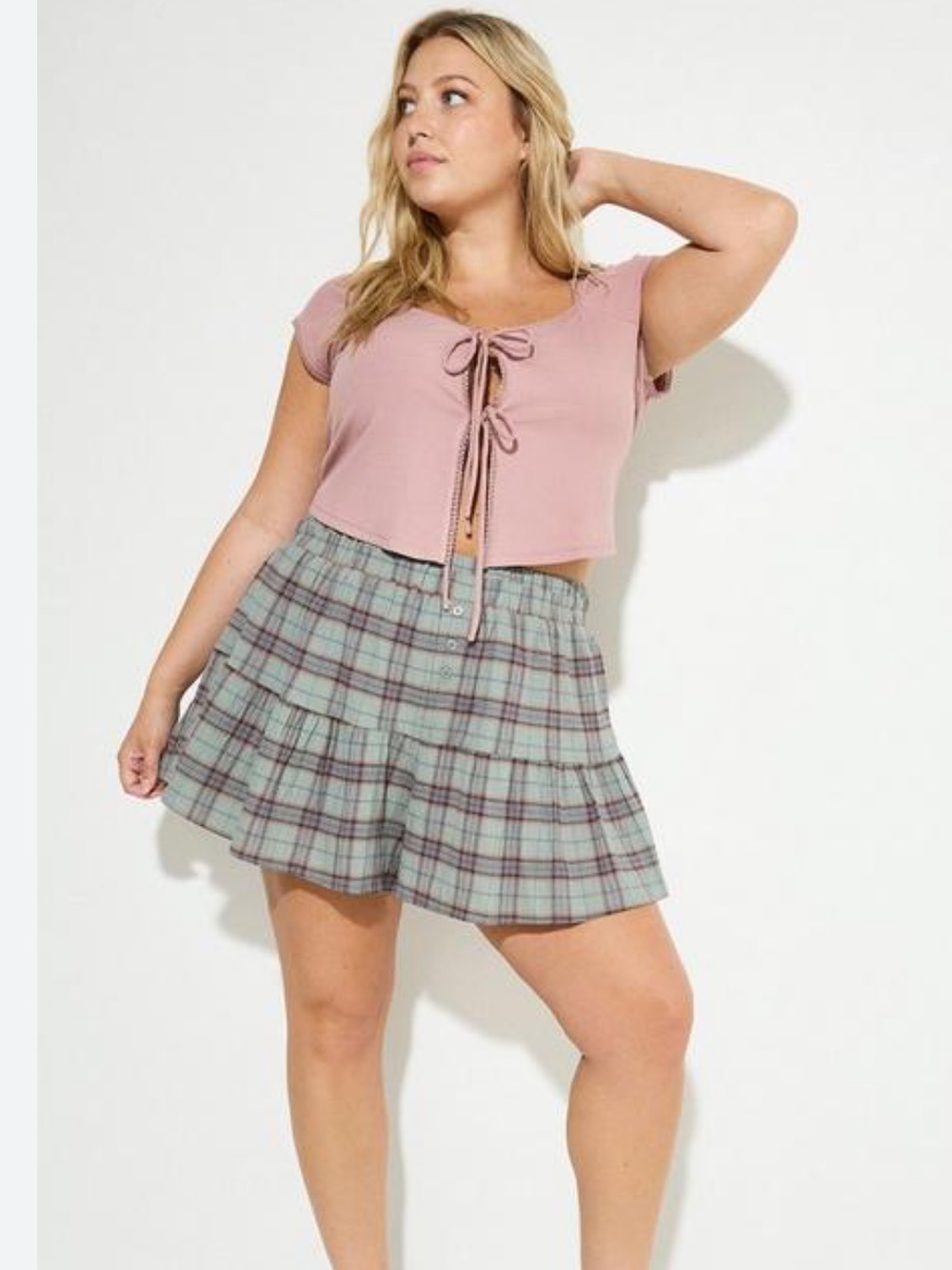torrid Mint and Pink Plaid Tiered Mini Skirt